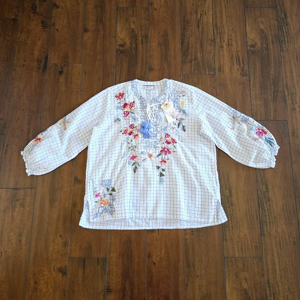 Johnny Was Workshop Miro Tassle Blue White Embroidered Blouse Sz Large MSRP $235 - Picture 6 of 10